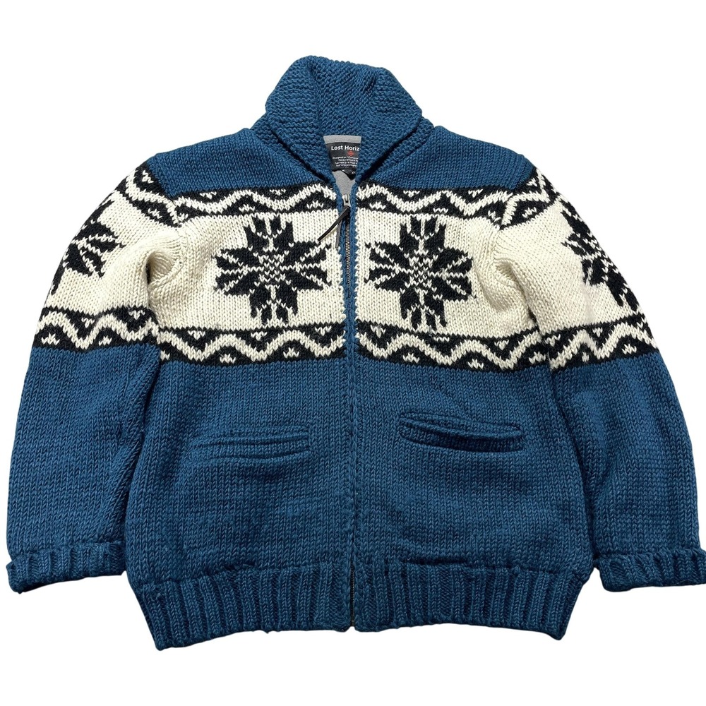 Lost Horizons Sweater Cardigan Womens XS Blue Fair Isle Wool Zip Lined Cowichan